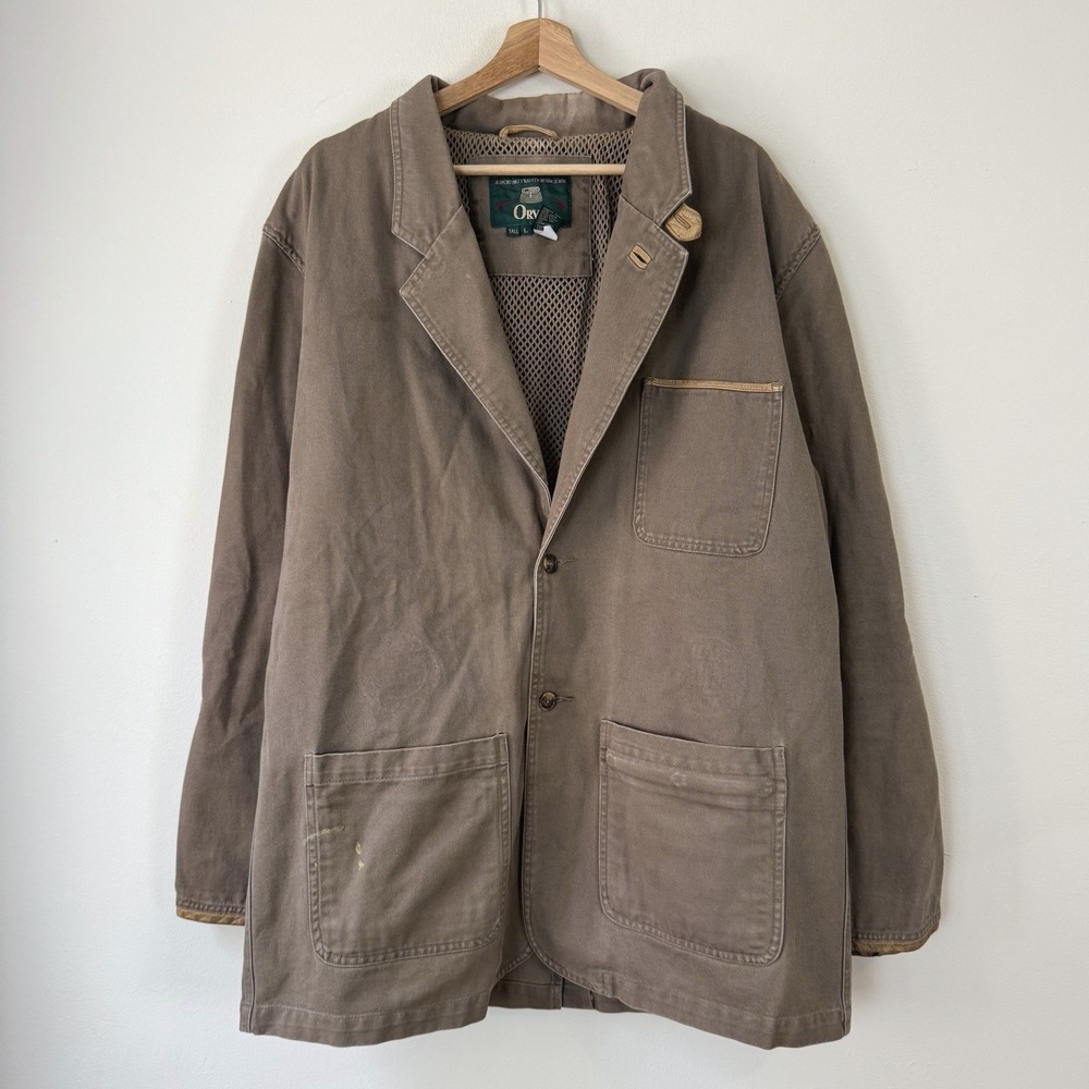 Vintage Orvis Chore Barn Field Elbow Patches Khaki Tan Outdoors Jacket - Large